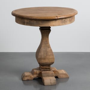 product image of a round wooden pedestal table in a brown finish