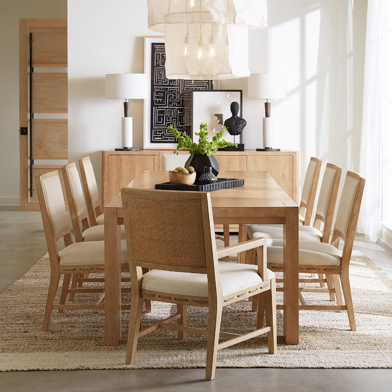 wooden 8 piece wooden dining set with upholstered chairs and a matching server buffet table