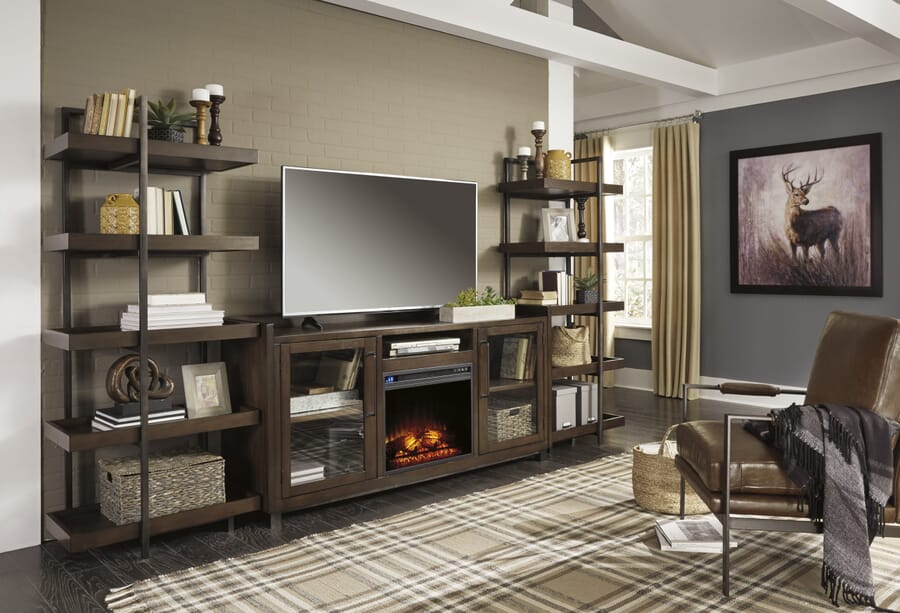 tv stand with fireplace and two bookshelves on each side