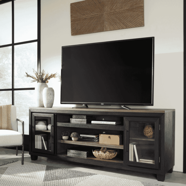 Black tv stand with storage lifestyle image