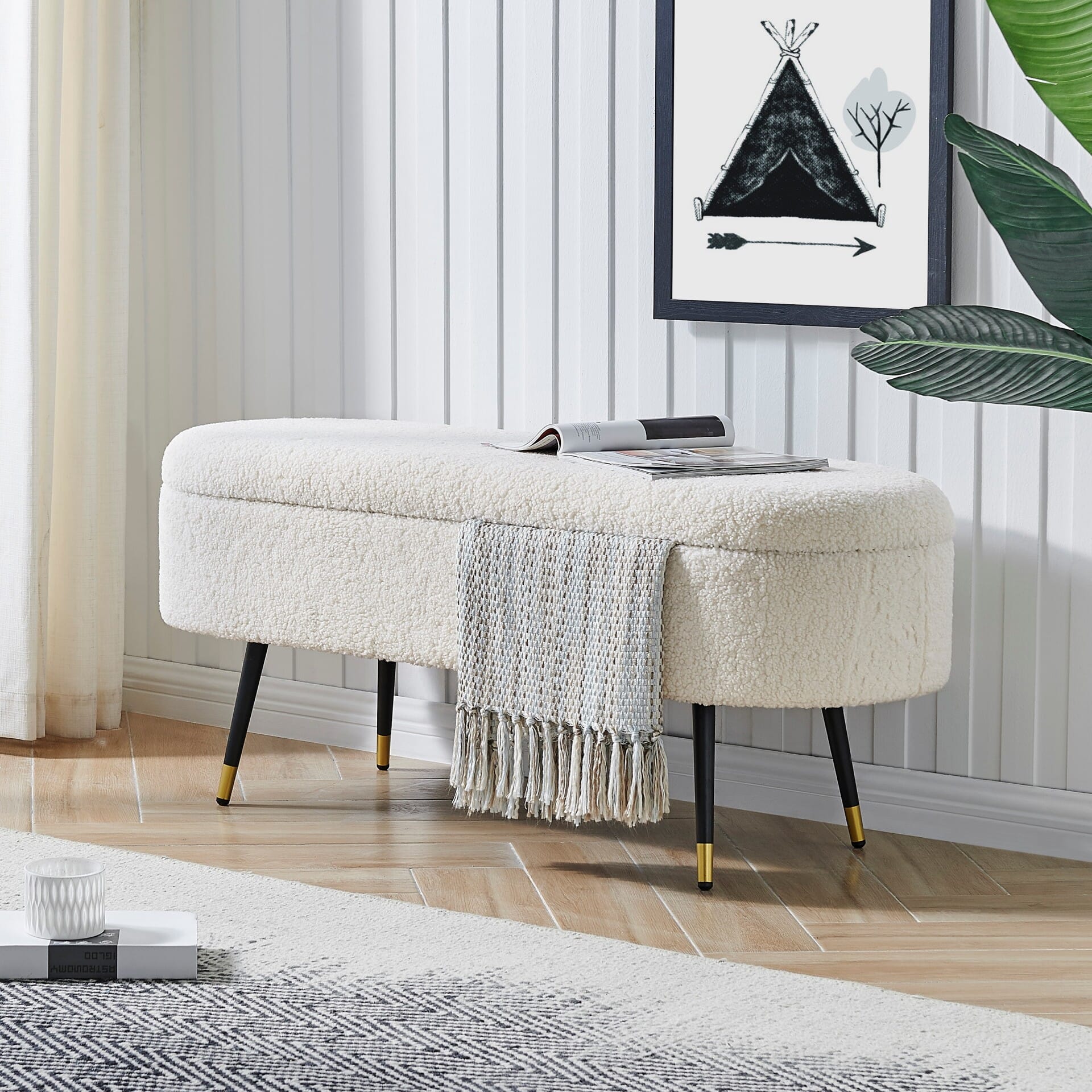 faux shearling storage bench in room setting