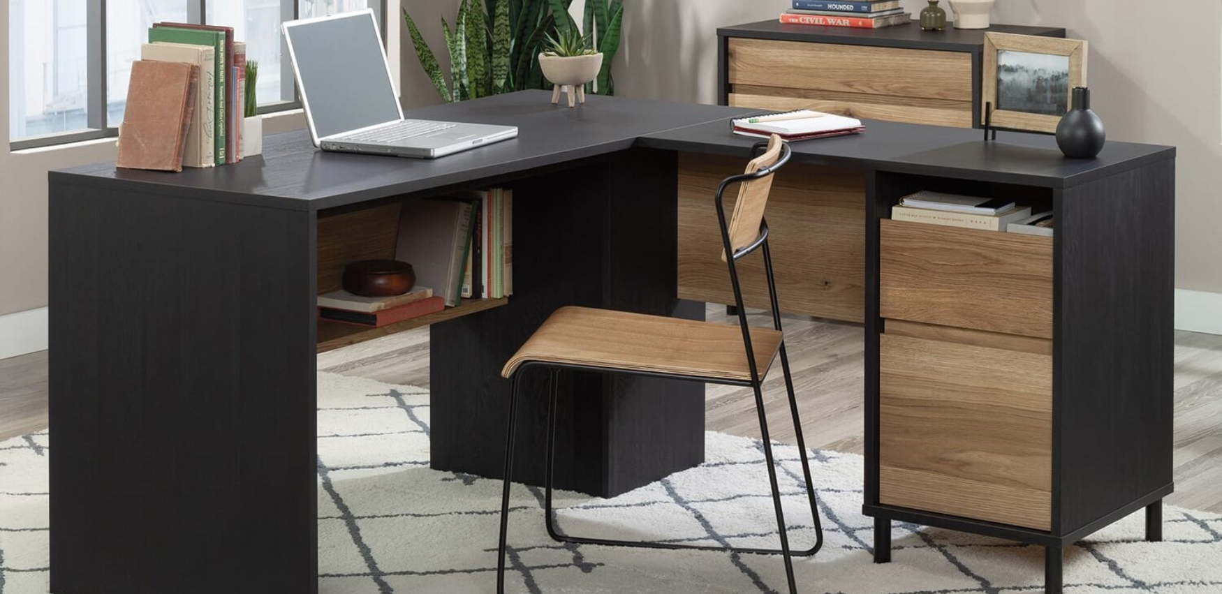 L-desk with attached file cabinet and shelf lifestyle image