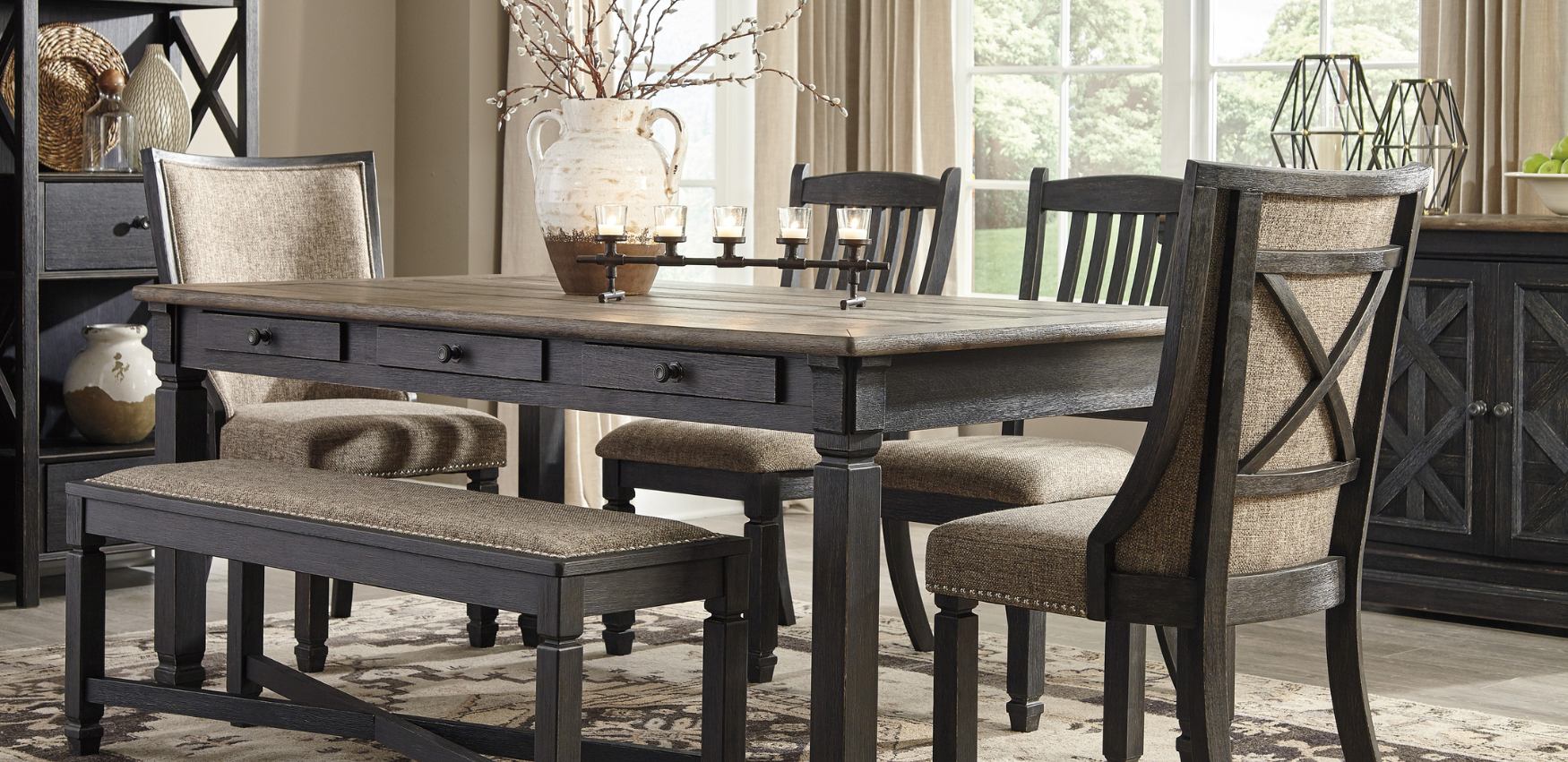 Dining table set with upholstered bench lifestyle image